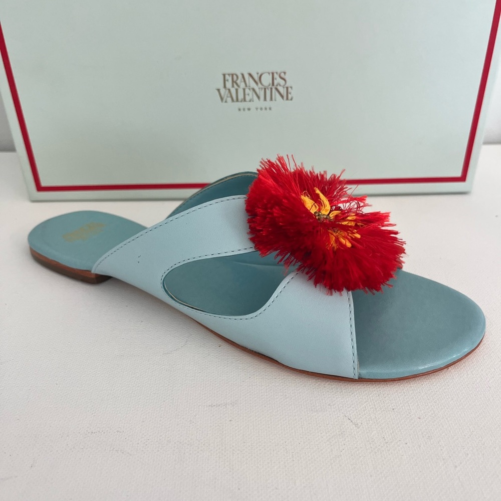 Frances Valentine Meredith Light Blue Nappa Leather Sandal With Flower Fringe - Picture 8 of 9